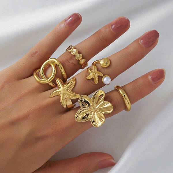 6pcs/Set Fashionable & Versatile Exquisite Ocean Elements Metal Texture Vintage Design Ring Set, Suitable For Vacation, Beach, Music Festival