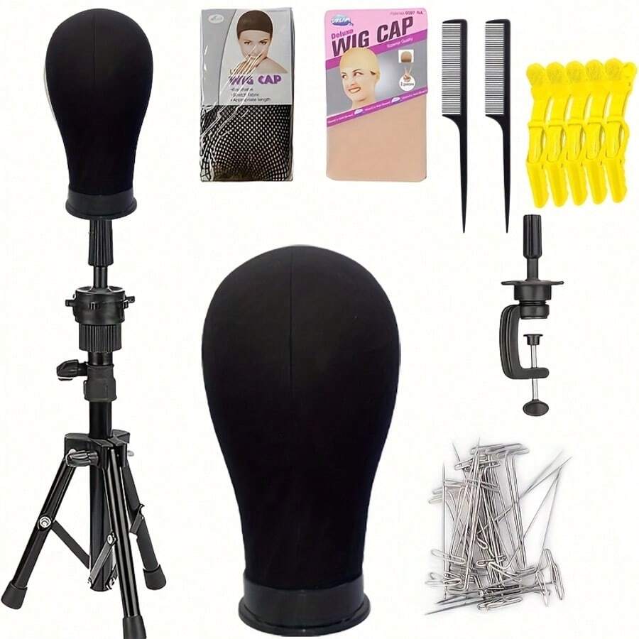 Adjustable Wig Stand 22 Inch Adjustable Reinforced Wig Stand With Canvas Mannequin Head | For Wigs, Cosmetology, Manikin Head Set - 黑色 - 查看 1