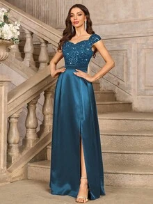 MIUSOL Sequin Floral Lace Sweetheart Neck Cap Sleeve Contrast Satin Formal Party Maxi Dress, Elegant Party Dress For Women, Formal Evening Gown, Prom Dress, For Easter, Mother Day, Wedding Guest, Graduation, Dinner - 霧霾藍 - 查看 6