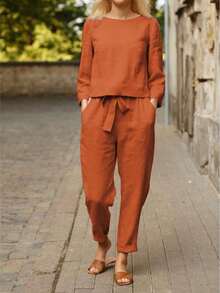 Conjunto casual de 2 piezas, unicolor, para mujer: blusa de manga corta y pantalón largo, para uso diario con estilo - Naranja - Ver 1