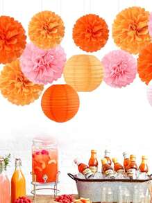 15 buc. hârtie decorativă pentru petrecere la modă roz-portocaliu - felinare cu flori, serpentine din hârtie absorbantă cu pom-pom, potrivite pentru nunți de toamnă, petreceri burlăcițe, aniversări boeme, decor agățat pentru petreceri la apus