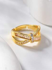 1Pc Luxury Gold Cubic Zirconia Twisted Cross Decorative Ring,Open Adjustable Women's Rings,Summer Fashion Accessories,Suitable For Daily,Wedding,Festivals,Party Wear,Elegant Jewelry Gift,Valentine's Day Gift.
