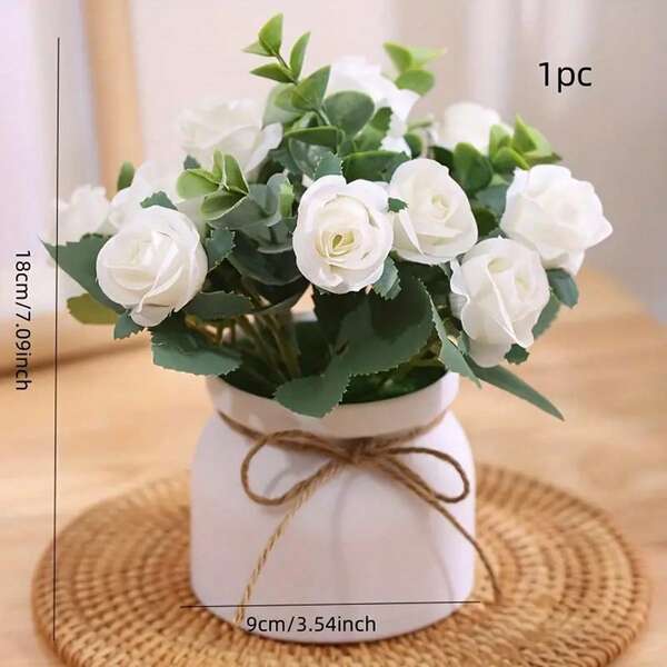 Gefälschte weiße Rosentopfpflanze, dekorative Accessoires für Schreibtisch, Wohnzimmer, nordischer Stil Wohndekoration, ewige künstliche Blume, hochwertiges luxuriöses Tischgrünpflanze Ornament
