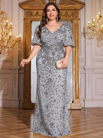 hezixi 大码女式高品质弹力亮片修身V领灯笼袖优雅正式派对长裙，适合晚宴、宴会、新娘母亲礼服（重工装饰）婚礼春季