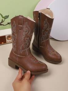 1 par de botas vaqueras para niñas, de nuevo diseño de invierno con forro, bordadas, con cremallera lateral, tacón alto, de moda, cálidas, aptas para fiestas y uso al aire libre - Marrón - Ver 6