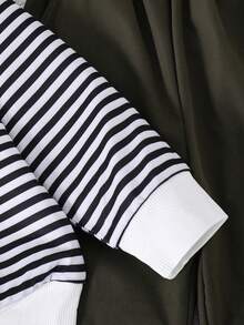 Tween Boy Letter Embroidered Striped Crew Neck Sweatshirt And Woven Long Pants Set - Army Green - View 4