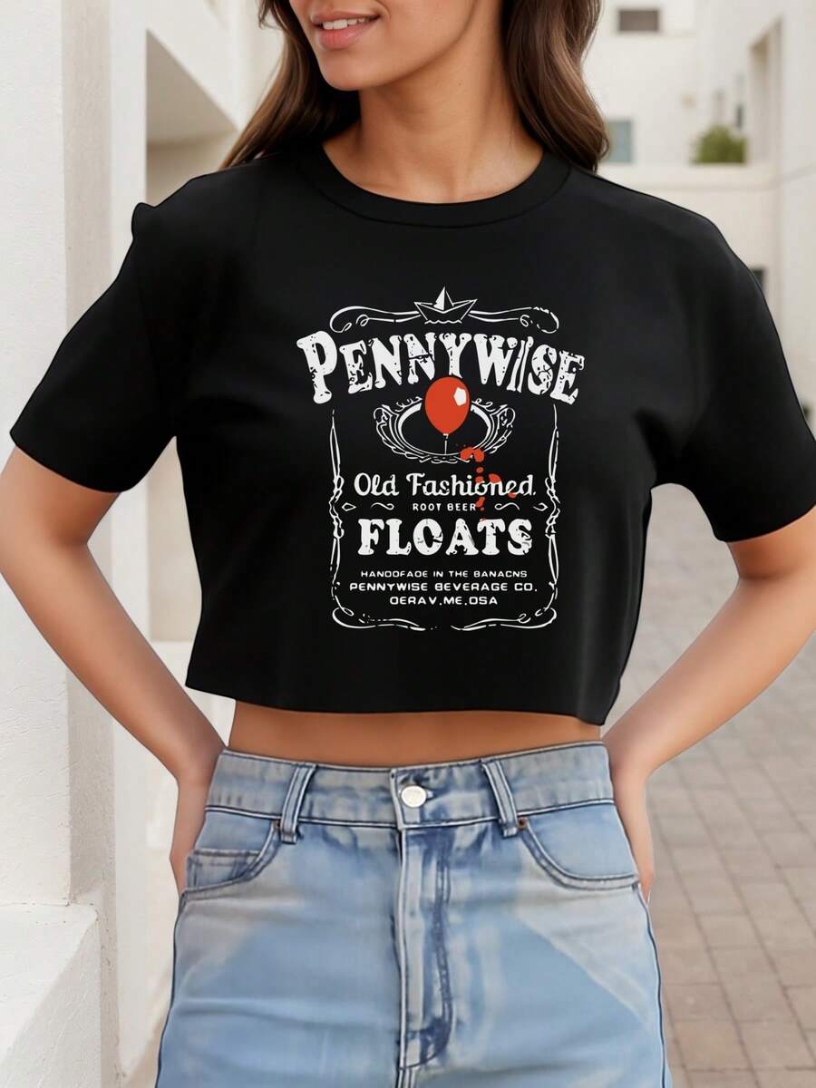 Women's Pennywise Graphic Crop Tee Shirt Exposed Navel T-Shirt , Women's New Summer Casual Crew Neck Pure Cotton Short-Sleeved T-Shirt(1 PC) - 黑色 - 查看 1