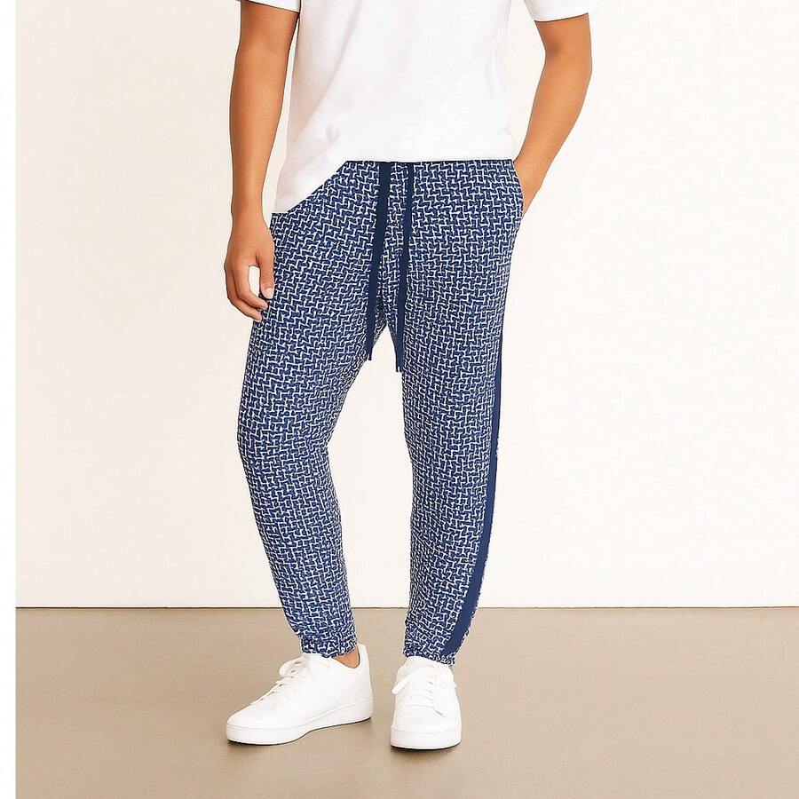 Men's Drawstring Waist All Over Print Track Pants Skinny Fit Casual Jogger Sweatpants Side Stripe Elastic Waist And Ankle Lightweight Gym And Fitness - 藏蓝色 - 查看 1