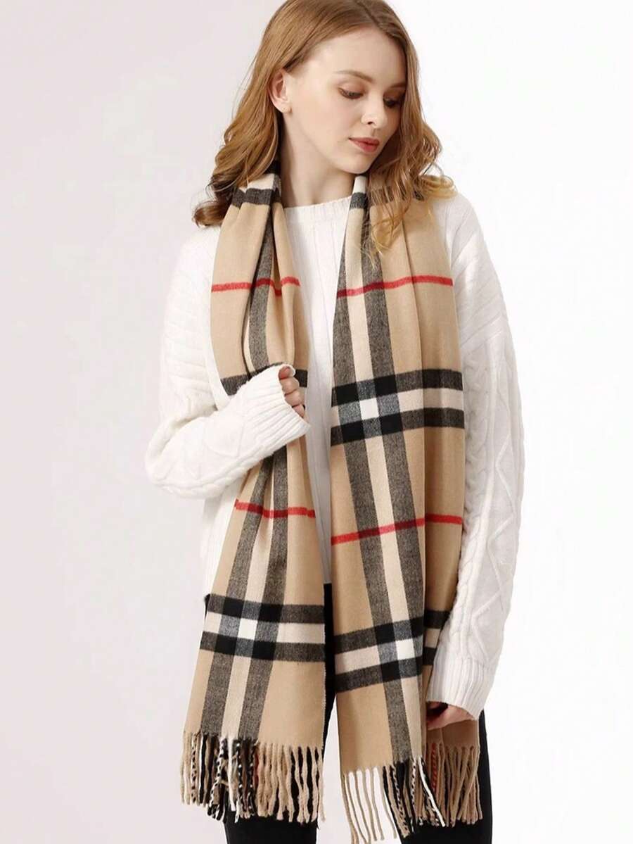 MilyModa Women's Imitation Cashmere Scarf, Thin Winter 150g With Fringes - Xadrez150g Marrom - 查看 1