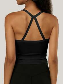Yefecy 女士聚拢运动文胸上衣，性感美背设计，透气舒适，适合运动女性，夏季穿着，黑色 - 黑色 - 查看 3