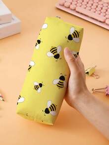 1pc Cute Bee Pattern Printed Corduroy Pencil Case, Stationery Storage Bag, Double-Sided Print Pen Bag, Portable Multifunctional Office Supplies Pencil Pouch, Gift For Students, Friends, Festivals, Pencil Pouch, School Bag,School Supplies,Back To School - Multicolor - View 3