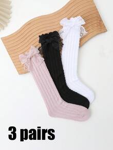 3 Pairs Spring/Autumn Soft Breathable Children's Lace Bow Mid-Calf Cable Knit Socks, Non-Binding Cuff, Hollow Lace Bow Design, Gentle Style Socks Set For Girls School, Birthday Photo - Multicolor - View 3