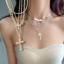 水钻十字架吊坠多层项链和百搭锁骨链首饰