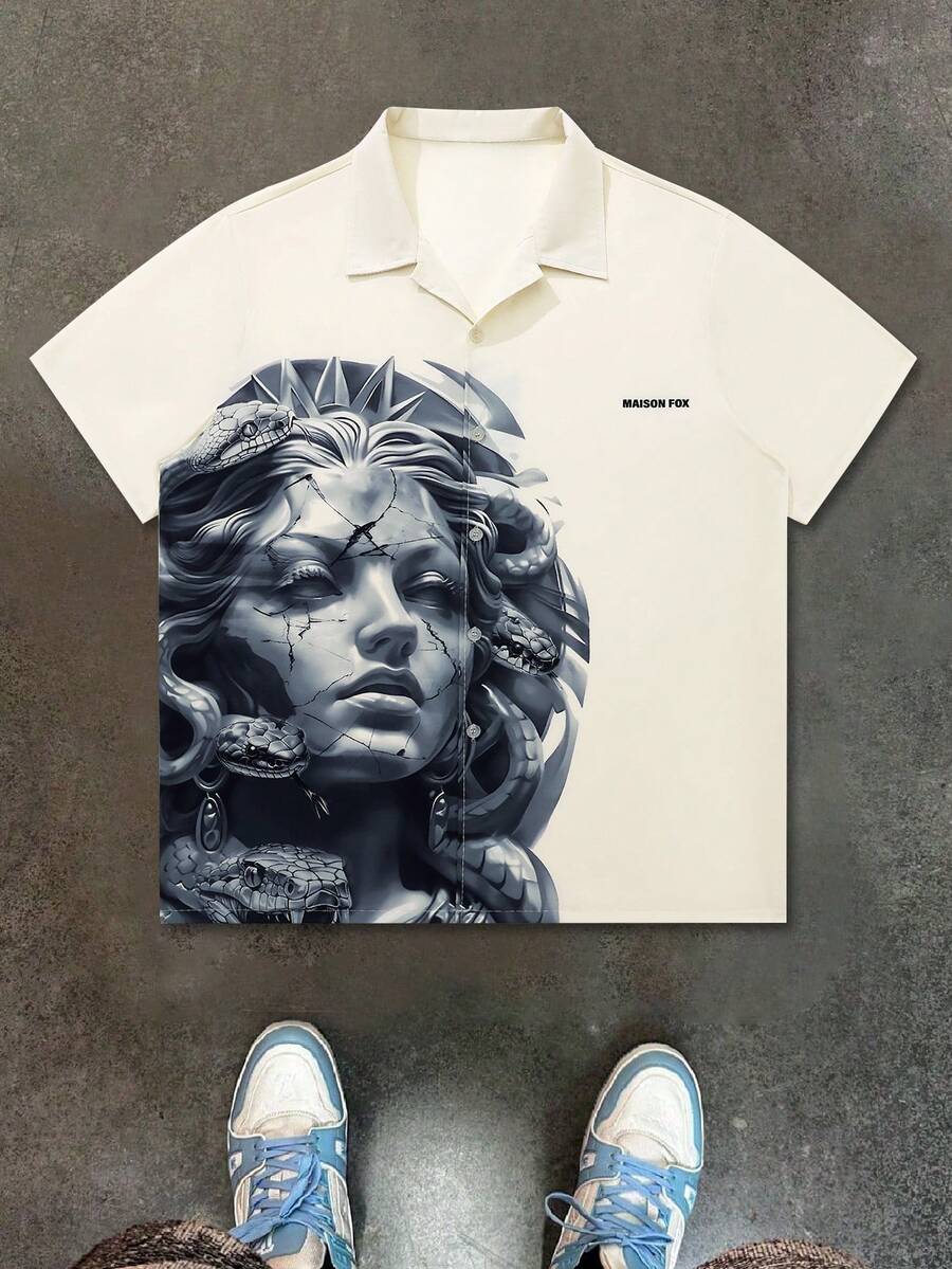 Men Summer Thin Casual Letter Portrait Graphic Colorful Streetwear Boxy Lightweight And Breathable Short Sleeve Shirt For Boyfriend Gift, Going Out