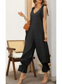 Women's Casual Solid Color Knotted Camisole Harem Pants, Suitable For Dates And Vacations