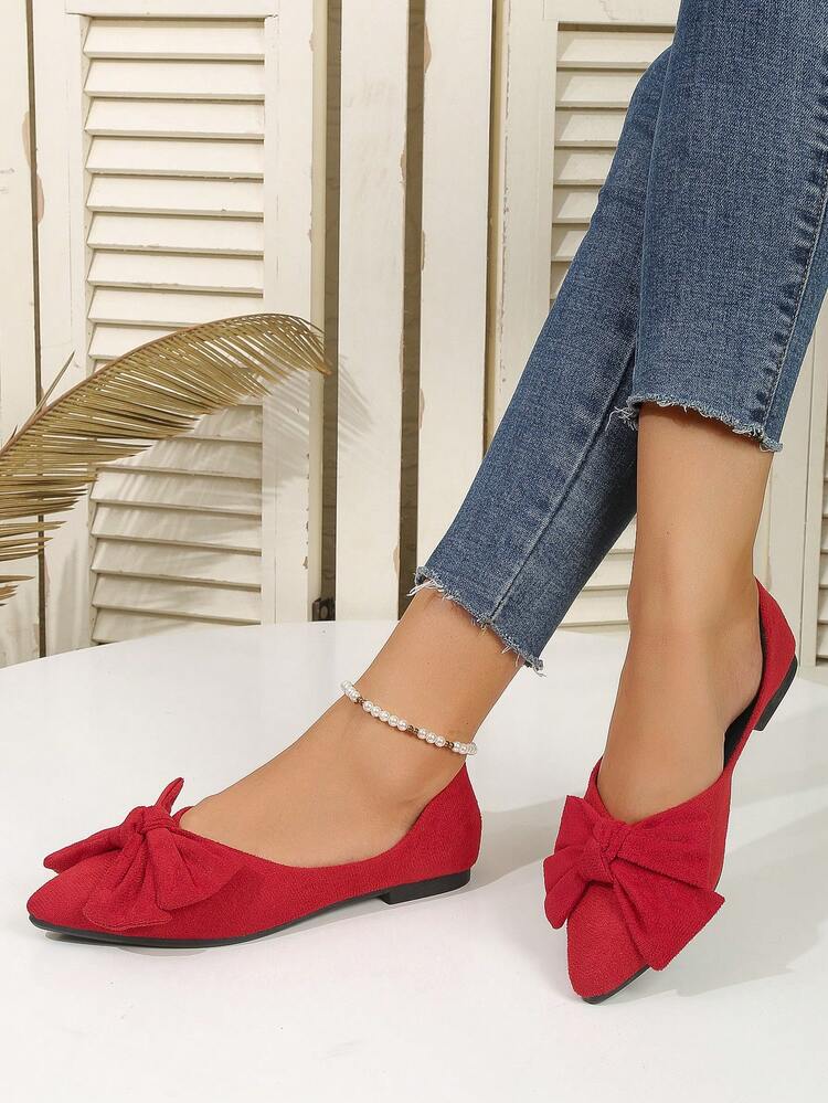 2025 Nuevos zapatos casuales planos para mujer, con punta puntiaguda y suela de goma, decoración de moño, color negro, versátiles para el trabajo - Rojo - Añade 4