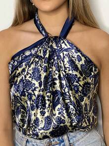 女式 Bandana 1 件波西米亚风格复古佩斯利和碎花真丝方形围巾，适合女士，春夏季时尚围巾，轻盈透气，适合日常和户外佩戴时尚发饰波西米亚风发带秋冬头带，适合女士度假装 - 藏蓝色 - 查看 2