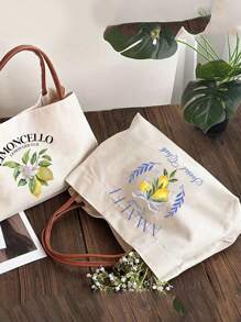 亮丽柠檬图案印花手提袋，可重复使用的女士印花手提袋，双提手购物书包，大容量单肩包，休闲手提袋，圣诞节收纳袋，适合通勤、上学和购物，方便户外活动，送给朋友和闺蜜的礼物，教师节礼物，度假和节日的完美选择，最佳教师圣诞礼物，感恩节礼物 - 彩色 - 查看 2