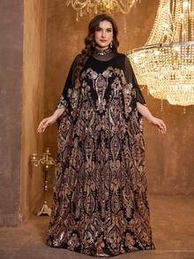 SUPGIR [Random Print] Plus Size Women's Stand Collar Long Sleeve Reversible Sequin Contrast Mesh Fabric Elegant Evening Dress - màu đen - Xem 4