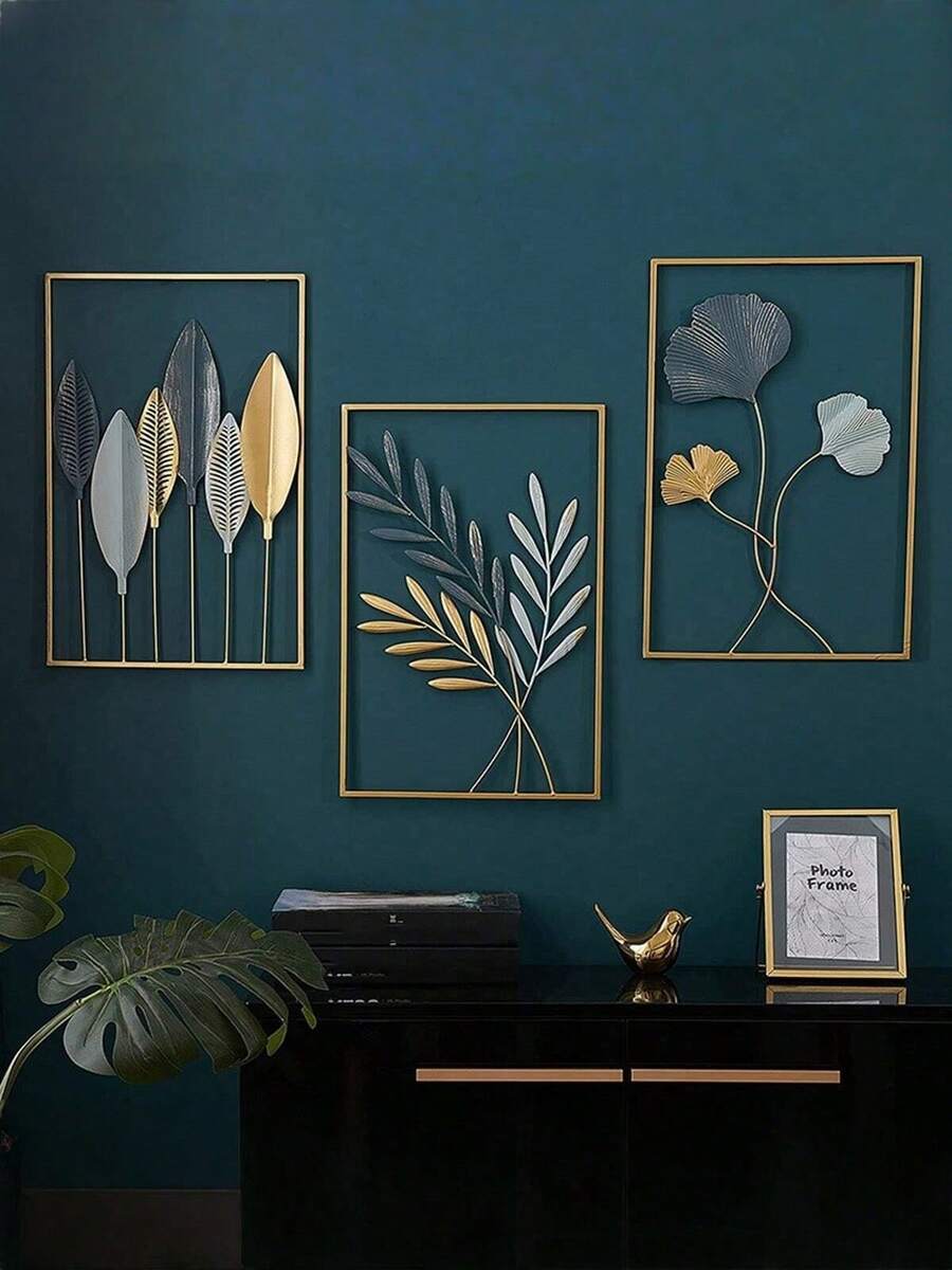 3 件金色金属墙饰叶壁挂，3D 彩绘金属墙饰，适合客厅、卧室 - 彩色 - 查看 1