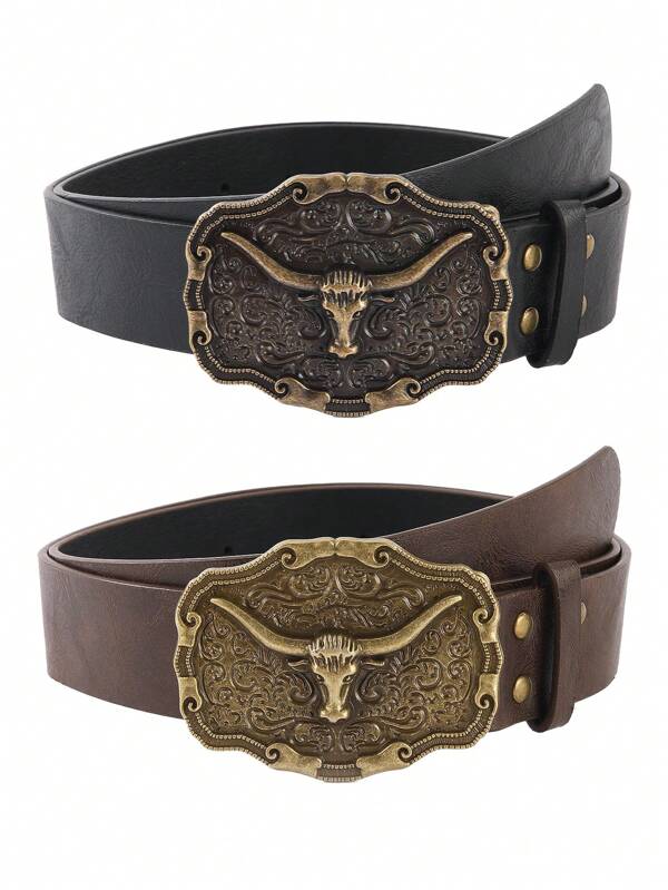 1PC Men's And Women's Denim Belts, Women's Denim Belts, Western Style Belts, Men's And Women's Floral Carved Long Horned Cow Belts, Jeans