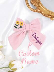1 pieza Personaliza el nombre impreso Broche de pelo con lazo y bordado para niñas, lazos de pelo bordados con nombre personalizado, broche de pelo con lazo y flor bordados, adecuado para decoración del cabello diaria, regalo para niñas
