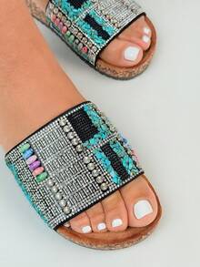 Thick Sole Slippers, Crystal & Rhinestone Embellished Boho Holiday Slip-On Sandals - Hitam - View 5