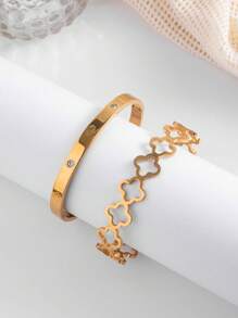 2pcs/Set Simple Floral Stainless Steel Vacuum Plated Non-Fading Bracelet, Suitable For Women's Daily Wear