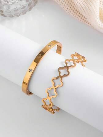 2 pièces/set Bracelet simple à motif floral en acier inoxydable, revêtement sous vide non délavant, convient pour le port quotidien des femmes