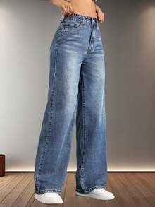 Jeans de pierna ancha para mujer con bolsillos, jeans de mujer modernos y versátiles, elegantes y modernos, adecuados para el uso diario, jeans sueltos y drapeados sin estirar, - Azul - Ver 7