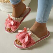 Women's Plush Bow Slippers - Suitable For All Seasons Indoor Household Shoes, Cute Home Slippers