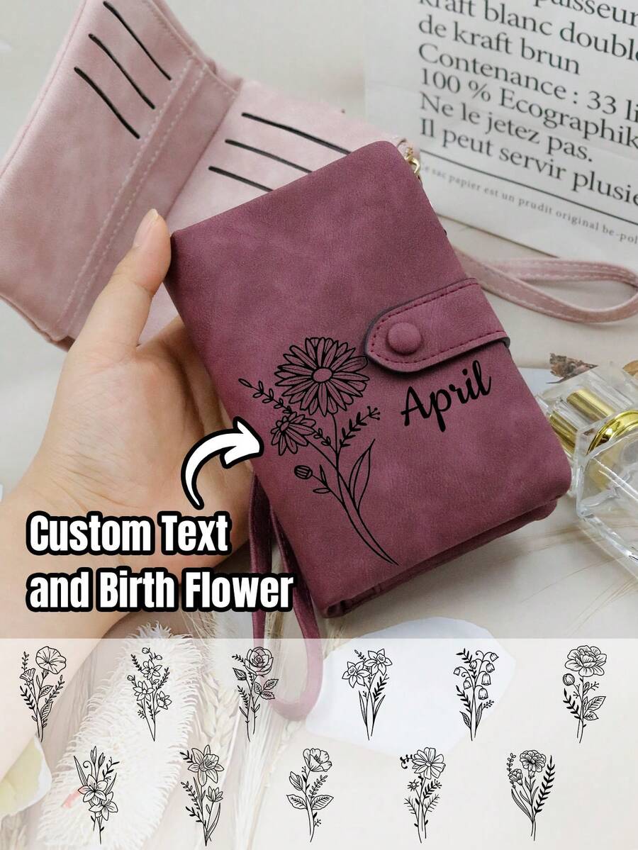 Cartera personalizada con nombre y flor de nacimiento, Cartera personalizada para mujeres, Cartera personalizada para hombres, Mini cartera personalizada para mujeres, Carteras pequeñas para mujeres, Portátil y plegable - Multicolor - Ver 1
