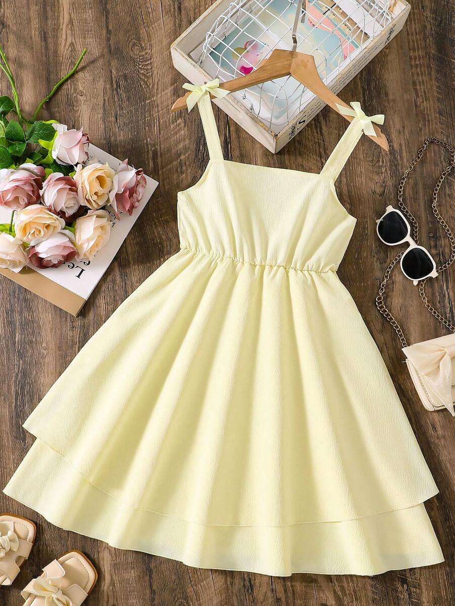 Tween Girls Adjustable Strap Bow Decor Camisole Sweet Double Layer Cake Skirt, Casual Elegant Beach Resort Vacation Swing Dress - Yellow - View 1