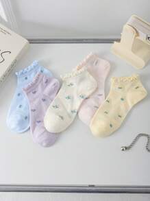 5/10 par skarpetek do kostki z nadrukiem kwiatowym, krótkie, śliczne, miękkie, oddychające, modne i uniwersalne, odpowiednie na lato i jesień