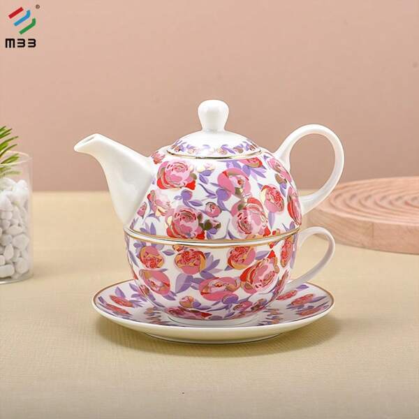 MBB Juego de té para una persona, tetera y taza de porcelana con estampado floral y platillo, conjunto de 3 piezas para mujer, regalo del Día de la Madre o cumpleaños, juego de taza y platillo, tetera y taza de té para una persona