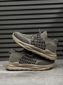 Men's Fashion Striped Knit Mesh Lace-Up Slip-On Casual Sneakers, Versatile, Comfortable, Suitable For Daily Wear, Outdoor, Commute, Wear With Socks
