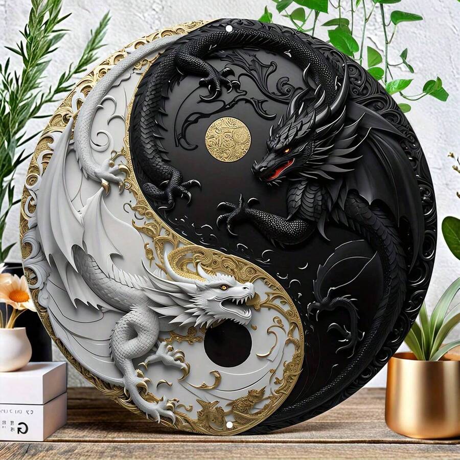 太极阴阳龙圆形铁艺壁饰，8x8 英寸，UV 逼真印刷，无框，防水装饰，适用于家庭、办公室、客厅、浴室、酒吧、咖啡厅，预打孔边缘 - 圆形艺术爱好者的理想礼物 - 彩色 - 查看 1