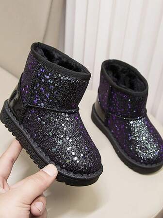 2025 Children's Winter New Shiny Shiny Snow Boots, Thick Fleece Warm Shoes For Boys And Girl, Warm Boots For Infants And Toddlers, Suitable For Winter Skiing And Outdoor Activities(Sole Print Is Random)