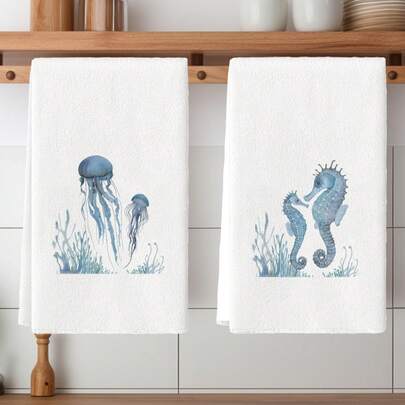 2 件水彩蓝色海洋生物水母海马海星鲸鱼图案锚游泳圈图案蓝色做旧背景厨房巾洗碗巾超细纤维农舍农场烹饪毛巾厨房干燥毛巾厨房装饰毛巾厨房洗碗巾洗碗布茶巾手巾洗碗干毛巾浴室手巾适用于厨房浴室餐厅餐桌