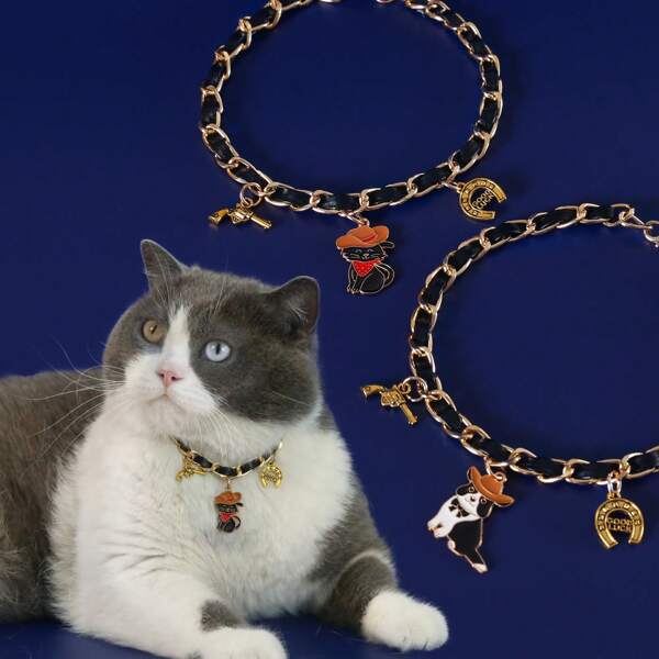 Metal Pet Necklace With Western Style Leather Pendant, Suitable For Cats & Dogs, Cowboy Style Chain Collar