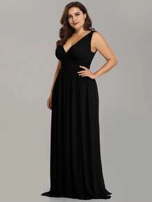 EVERPRETTY Plus Size Sexy V-Neck Backless High Waist Black Bridesmaid Dress, Formal Wedding Guest Party Evening Gown, Spring/Summer - Black - View 4