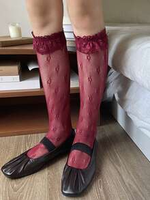 1 Pair Women's Red Lace Trim Y2K Retro Thigh High Socks
