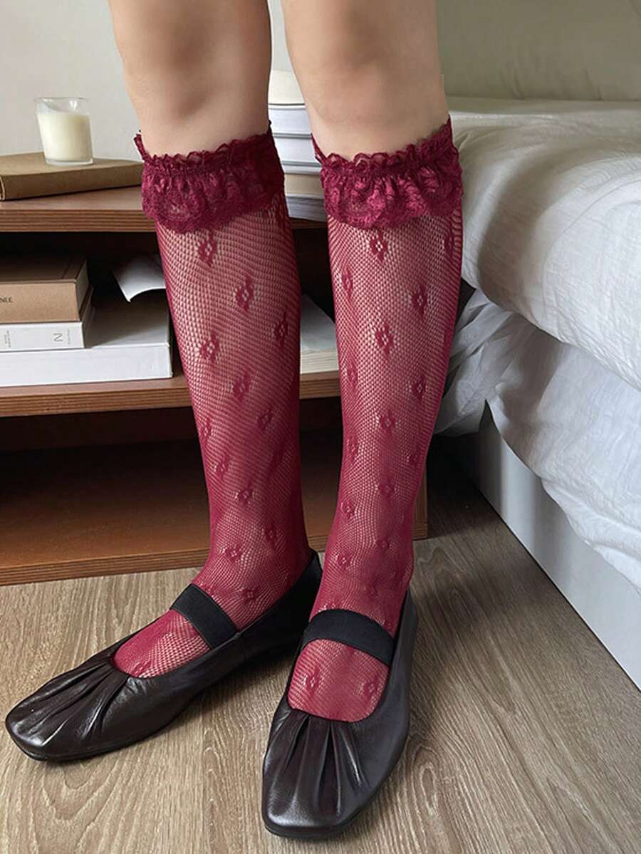 1 Pair Women's Red Lace Trim Y2K Retro Thigh High Socks