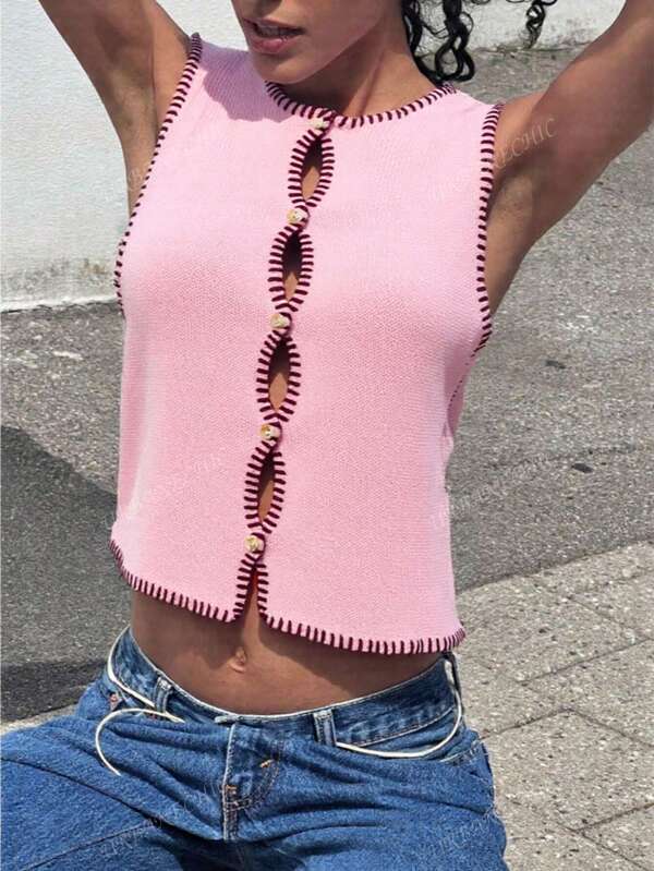Chaleco de mujer PLUS, Primavera/Verano - Cárdigan ligero de mujer plus, sin mangas, tejido, con contraste de color en los bordes, para uso casual, diario, de compras, playa, ocio y sencillo/Prendas de otoño para mujer/Tops Y2K/Streetwear/Punk