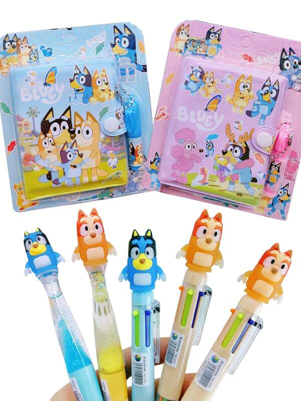 Bluey Caderno de bolso estilo aleatório, caneta neutra, 6 cores - Kit de caneta esferográfica Kawaii Blueys, conjunto de papelaria para família e amigos, caderno de mão, bloco de notas, desenho animado Blueys, bingo, cachorro, coco fofo, Rusty Muffin, material de escritório, papelaria, presente (algumas partes podem ser aleatórias)