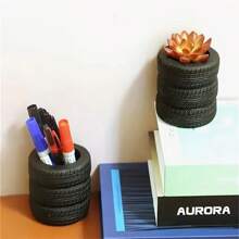 1pc Creative Tire Shaped Pen Holder, Unique Stationery Storage Container, Desktop Organizer, Prize Gift, Back To School Season