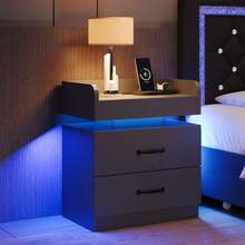 LED NightStand Set Of 2, Modern Night Stands With 2 Drawers, Bedside Tables And End Side Tables For Bedroom, Black/ White/ Grey - 黑色 - 查看 10