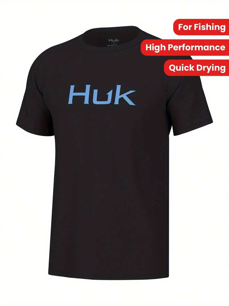Plus Size Huk Men High Performance Fishing T-ShirtCotton Quick Drying Short Sleeve Round Neck Black Blue Logo-Smooth Lightweight Fabric Comfortable For All Seasons Fishing Shirt Size L-3XL 4XL 5XL - 黑色 - 查看 1
