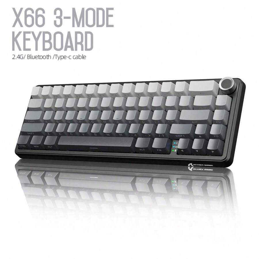 ATTACK SHARK ATTACK SHARK X66 Teclado Mecânico Sem Fio com Botão de Volume, Teclado Gamer 60% Bluetooth/2.4GHz/Com Fio, Backlight RGB, Teclas Coloridas Tri-Color PBT OEM, 66 Teclas Substituíveis a Quente para PC