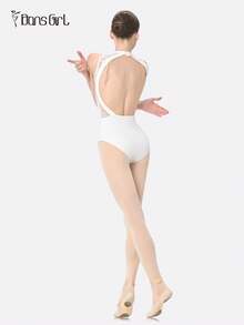 DonsGirl 女士芭蕾舞紧身衣 - 立领网纱拼接，性感露背设计，古典/现代舞服装